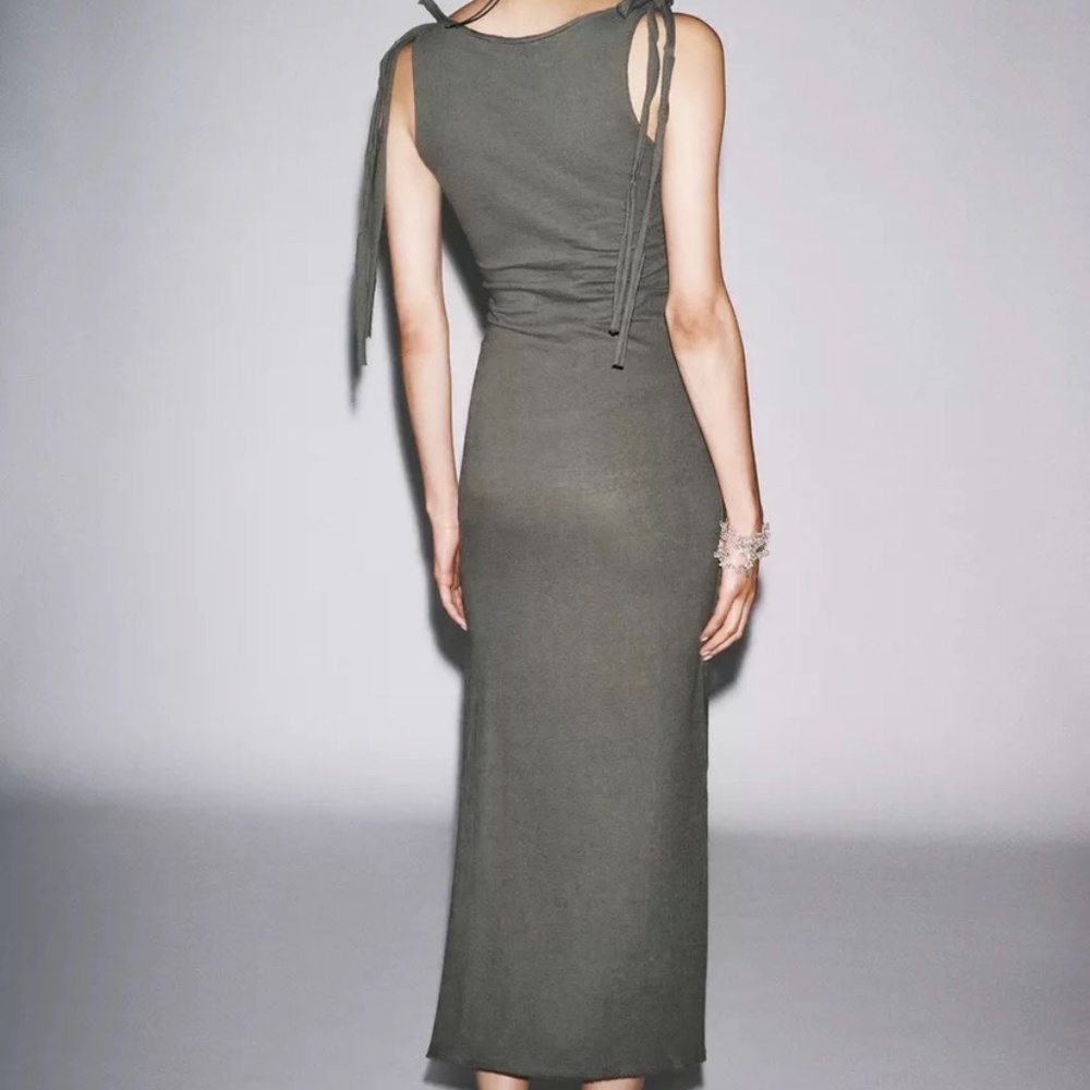 Zara Belted Tie Dress Midi Cotton Straight Neckline Gray Green Size Medium